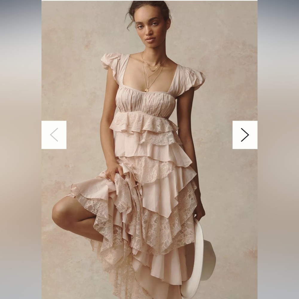 Anthropologie Square Neck Cap Sleeve Lace Ruffle Midi Dress Blush Pink S Spring